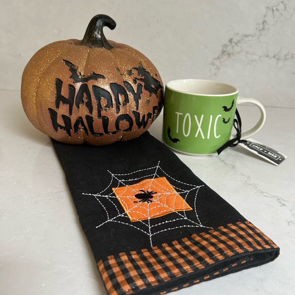 Glittery Pumpkin Pier 1 Halloween Kitchen Decor Toxic Mug and Tea Towel